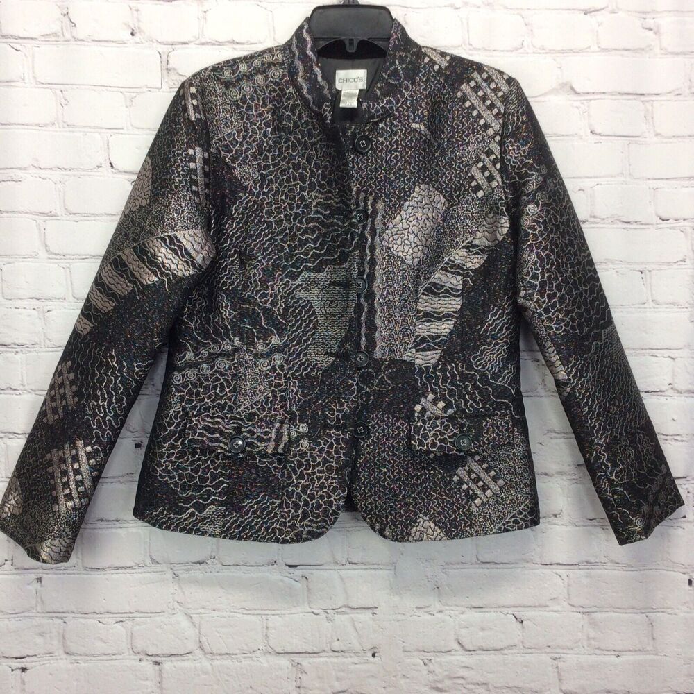 Chico's Size 0(XS) Lizbeta Jacket Holiday Festive Shimmer Silver Multi Metallic